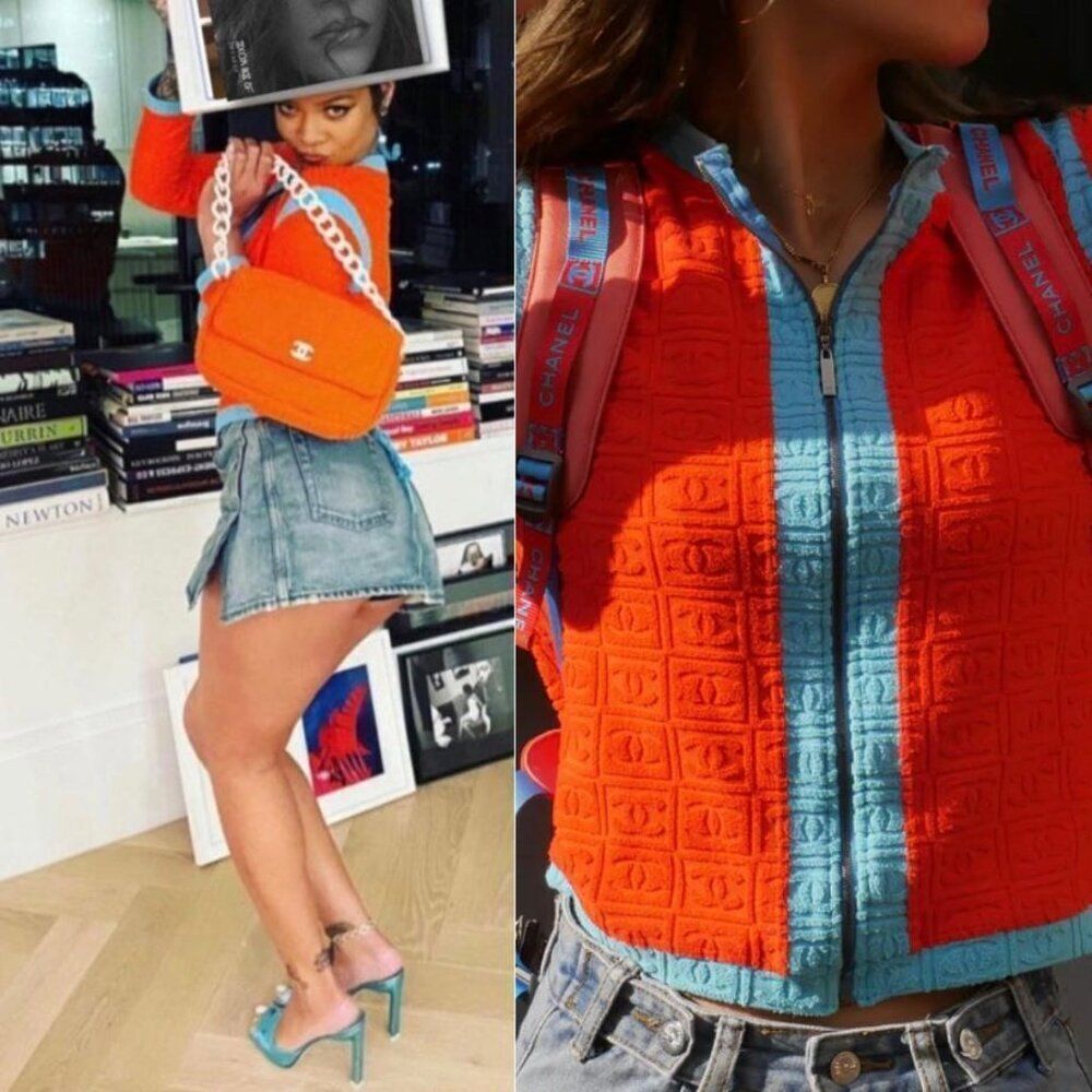 Rihanna in Rare Vintage CHANEL CC Logo Cropped Long Sleeve Sweater Jacke… - Picture 4 of 17